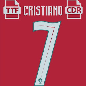 Puede incluir: Fondo rojo con el nombre "CRISTIANO" en blanco y el número "7" en azul claro. El número 7 tiene una raya roja en el medio. La imagen también incluye los textos "TTF" y "CDR".