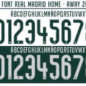 May include: A digital font file titled FONT REAL MADRID HOME - AWAY 2026-2027, displaying the alphabet and numbers 0-9 in two styles. One set features dark green characters, and the other set features light gray characters, both with file icons for PDF, CDR, OTF, and AI.
