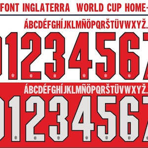 Könnte beinhalten: Grafikdesign mit einem rot-weißen Schriftsatz für die Weltmeisterschaft 2026. Das Design umfasst das Alphabet und die Zahlen 0-9 in zwei Stilen, mit dem Text "FONT INGLATERRA WORLD CUP HOME-AWAY 2026".