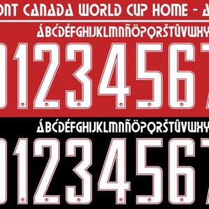 Puede incluir: Un diseño digital que presenta una fuente para la Copa Mundial de la FIFA Canadá 2026. El diseño incluye el alfabeto y los números 0-9 en una fuente blanca en negrita con un contorno rojo, sobre fondos rojos y negros. Los formatos de archivo incluyen PDF, OTF, CDR y AI.