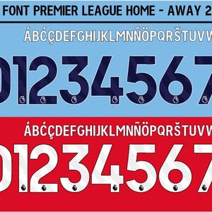 Peut inclure: Un ensemble de fichiers de police numérique intitulé FONT PREMIER LEAGUE HOME - AWAY 2026-2027. Il affiche deux rangées de chiffres 0-9 et de lettres A-Z avec diacritiques. La rangée supérieure présente des caractères bleu foncé sur bleu clair.