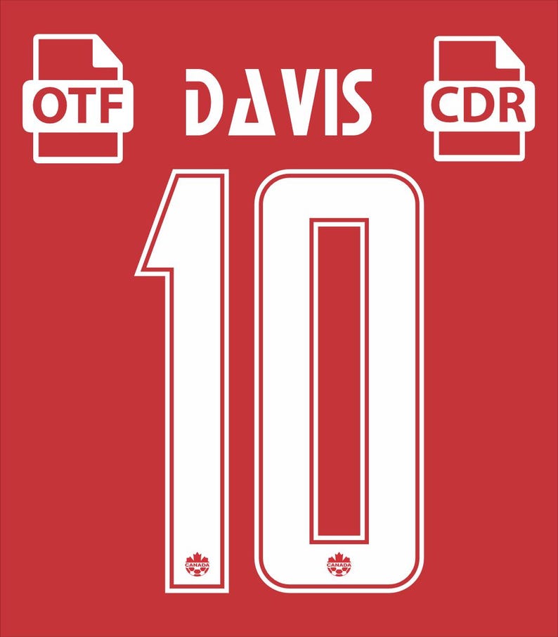 May include: Red background with white text and graphics. The word "DAVIS" is above the number "10". The number "10" has a white outline. The text "OTF" and "CDR" are in white boxes. Small Canadian flag logos are at the bottom of the number "10".