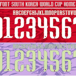 Puede incluir: Un conjunto de fuentes digitales titulado FONT SOUTH KOREA WORLD CUP HOME-AWAY 2026 con caracteres alfanuméricos blancos y verde claro. La pantalla incluye letras mayúsculas A-Z y números 0-9 sobre fondos de rayas de tigre rojos y morados.