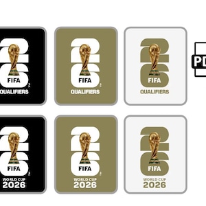 May include: A collection of FIFA World Cup 2026 and Qualifiers graphics in various color schemes. The graphics feature the FIFA trophy and the text "FIFA" and "2026". Also included are file format icons and a blue square with the text "FOOTBALL UNITES the World FIFA".