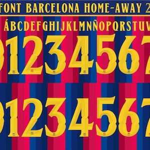 Puede incluir: Un conjunto de fuentes digitales titulado FONT BARCELONA HOME-AWAY 2026-2027 que presenta letras amarillas de la A a la Z y números del 0 al 9. Los caracteres se muestran sobre un fondo de rayas verticales rojas y azules con iconos de archivos PDF, CDR, OTF y AI.