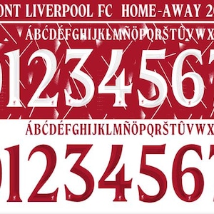 Puede incluir: Gráfico rojo y blanco con la fuente Liverpool FC Home-Away para la temporada 2026-2027. El diseño incluye el alfabeto y los números 0-9 en dos estilos, junto con iconos de tipo de archivo PDF, OTF, CDR y AI.