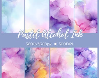 May include: A collection of eight pastel alcohol ink designs. The designs feature flowing, abstract patterns in shades of pink, purple, blue, and yellow, with gold accents. The text "Pastel Alcohol Ink" is displayed, along with resolution details.
