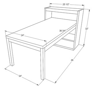May include: Line drawing of a desk with attached shelving. The desk surface is 24 inches wide and 36 3/4 inches long. The attached shelving unit is 25 1/2 inches wide and 32 inches tall. The overall length is 48 inches.