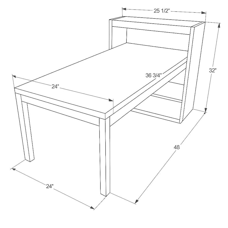 May include: Line drawing of a desk with attached shelving. The desk surface is 24 inches wide and 36 3/4 inches long. The attached shelving unit is 25 1/2 inches wide and 32 inches tall. The overall length is 48 inches.