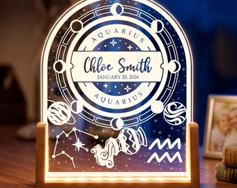 Personalized Zodiac LED Lamp - Custom Name Astrology Night Light, Engraved Horoscope Gift, Moon Phase Celestial Decor