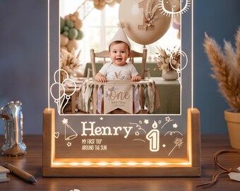 Personalized First Birthday Photo LED Lamp - Custom One Year Old Baby Keepsake, 1st Birthday Gift, First Trip Around Sun Night Light