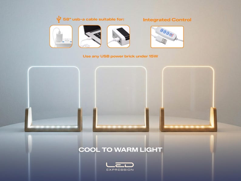May include: Three LED Expression lamps with a wooden base and a clear, rectangular light frame. The lamps have a cool to warm light feature. The image includes text that says "58" usb-a cable suitable for:" and "Use any USB power brick under 15W."