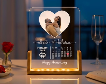 Placa con foto personalizada - Luz nocturna LED acrílica personalizada, base de madera - Regalo de aniversario para pareja, boda, San Valentín