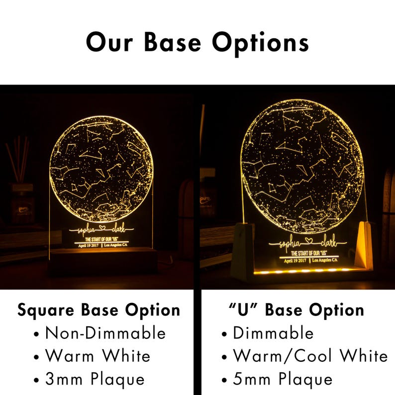 Lámpara de noche personalizada con mapa estelar / Regalo personalizado del cielo nocturno / Lámpara de constelaciones para compromiso / Regalo de aniversario para él y para ella / Mapa estelar por fecha Square Base + Plaque