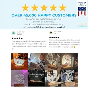 Puede incluir: Un collage de cinco luces nocturnas personalizadas con diferentes dise&ntilde;os. Las luces nocturnas est&aacute;n hechas de acr&iacute;lico transparente y tienen una base de madera. Los dise&ntilde;os incluyen un coraz&oacute;n con las palabras "See Young", un coraz&oacute;n con las palabras "Ashlynne Mikey", un coraz&oacute;n con las palabras "Bru", una escena de monta&ntilde;a con la palabra "Will", y una vaca de las tierras altas. Las luces nocturnas est&aacute;n iluminadas y tienen un brillo c&aacute;lido.