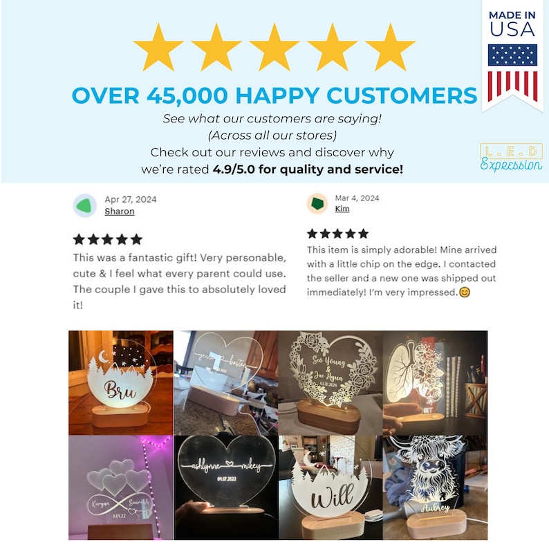 Puede incluir: Un collage de cinco luces nocturnas personalizadas con diferentes dise&ntilde;os. Las luces nocturnas est&aacute;n hechas de acr&iacute;lico transparente y tienen una base de madera. Los dise&ntilde;os incluyen un coraz&oacute;n con las palabras "See Young", un coraz&oacute;n con las palabras "Ashlynne Mikey", un coraz&oacute;n con las palabras "Bru", una escena de monta&ntilde;a con la palabra "Will", y una vaca de las tierras altas. Las luces nocturnas est&aacute;n iluminadas y tienen un brillo c&aacute;lido.