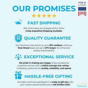 Puede incluir: Un gr&aacute;fico con el texto "Our Promises" y cinco estrellas. El gr&aacute;fico enumera las promesas de env&iacute;o r&aacute;pido, garant&iacute;a de calidad, servicio excepcional y regalos sin problemas. El gr&aacute;fico tambi&eacute;n incluye una peque&ntilde;a bandera estadounidense y el texto "Made in USA".