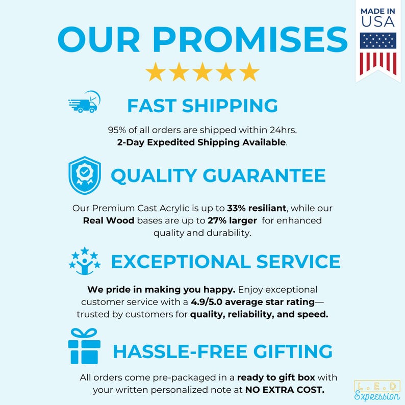 Puede incluir: Un gr&aacute;fico con el texto "Our Promises" y cinco estrellas. El gr&aacute;fico enumera las promesas de env&iacute;o r&aacute;pido, garant&iacute;a de calidad, servicio excepcional y regalos sin problemas. El gr&aacute;fico tambi&eacute;n incluye una peque&ntilde;a bandera estadounidense y el texto "Made in USA".