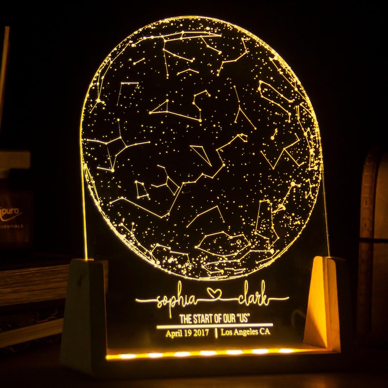 Puede incluir: Una luz nocturna personalizada con un mapa de constelaciones, los nombres "sophia" y "clark", el texto "THE START OF OUR "US"", la fecha "April 19 2017" y la ubicaci&oacute;n "Los Angeles CA".