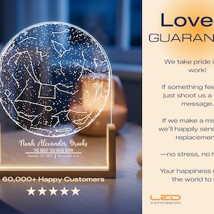 May include: A personalized LED night light with a constellation design. The light displays the night sky on the date and location of birth, with the name "Noah Alexander Brooks" and birth details. The base is wooden, and the text "60,000+ Happy Customers" is visible.