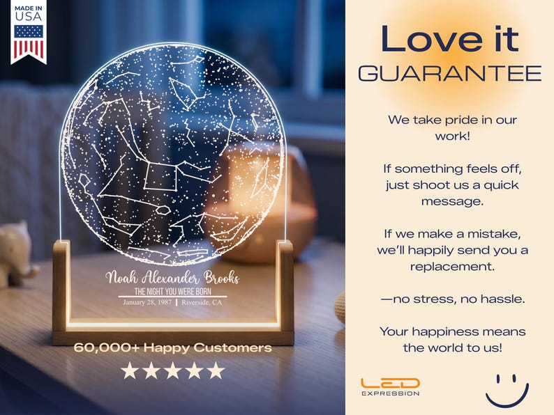 May include: A personalized LED night light with a constellation design. The light displays the night sky on the date and location of birth, with the name "Noah Alexander Brooks" and birth details. The base is wooden, and the text "60,000+ Happy Customers" is visible.