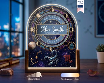 Personalized Zodiac Sign LED Lamp - Custom Astrology Night Light, Moon Phase Birthday Gift, Celestial Horoscope Decor