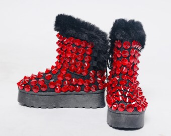 Black & Red Rhinestone Fur Boots – Bold Winter Glam Statement