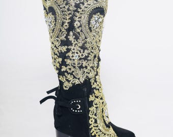 Royalty Black & Gold Knee-High Boots – Custom Handmade Statement Boots