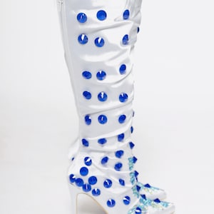 Silver & Blue Crystal Knee-High Boots – Luxe Handmade Statement Heels