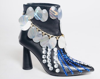 Black Embellished Sequin & Rhinestone Boots – Chain-Adorned Statement Heels