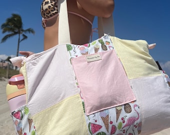 Handmade Patchwork Beach Tote Bag, Terry Cloth Interior