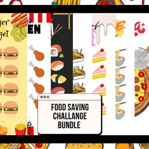 Könnte beinhalten: Ein digitales Food-Saving-Challenge-Paket mit verschiedenen Trackern zum Thema Essen. Das weiße Feld in der Mitte zeigt den Text FOOD SAVING CHALLANGE BUNDLE. Der Hintergrund ist mit bunten Illustrationen von Burgern, Pommes, Sushi, Pizza und Kuchen gefüllt.