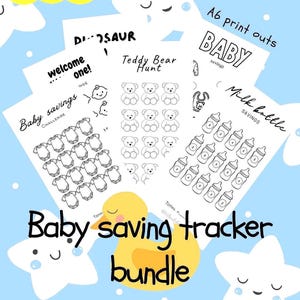 Könnte beinhalten: Ein Bündel von A6-Spar-Trackern mit schwarzen Strichzeichnungen von Babybodys, Teddybären und Milchflaschen. Jedes Blatt enthält Texte wie Baby savings challenge, Teddy Bear Hunt und Milk bottle savings sowie Felder für die Gesamtsumme.