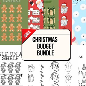 Könnte beinhalten: Ein Weihnachts-Budget-Paket als digitaler Download mit farbigen und schwarz-weißen Druckvorlagen. Die Motive zeigen Lebkuchenmänner, den Weihnachtsmann, Geschenke, Schneemänner und Elfen im Regal mit Texten wie Jolly Holiday und Sale.