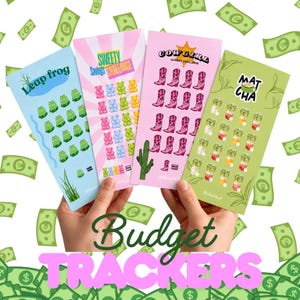 May include: Four rectangular paper savings trackers featuring colorful themes: a light blue Leap frog design, a pink Sweety Savings Challenge with gummy bears, a pink Cowgirl Savings Challenge with boots, and a green Matcha tracker with tea cups.