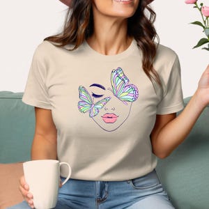 Women's t-shirt, all-day comfort, face silhouette print, face and butterfly, cotton t-shirt, gift for mom, ideal gift,