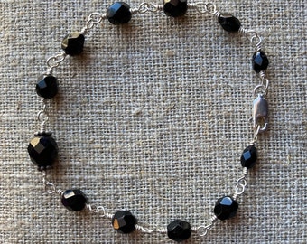 Simple Black Faceted Crystal Bead and Silver Bracelet