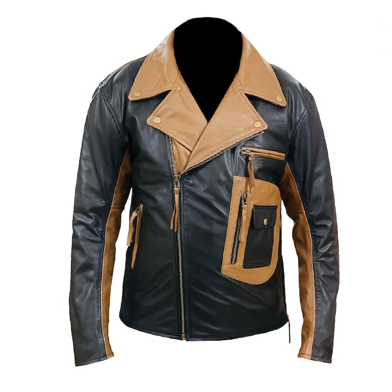 May include: A black and brown leather motorcycle jacket with a zipper closure and multiple pockets.