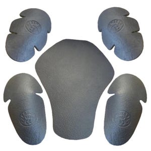 May include: Set of five gray motorcycle armor pads. The pads are shaped to fit the elbows, knees, shoulders, and back. Each pad has a circular logo with the text "STREET GUARD" printed on it.