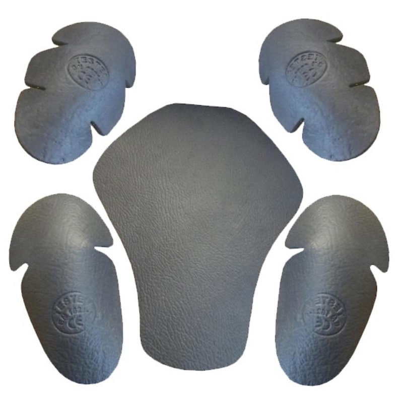 May include: Set of five gray motorcycle armor pads. The pads are shaped to fit the elbows, knees, shoulders, and back. Each pad has a circular logo with the text "STREET GUARD" printed on it.