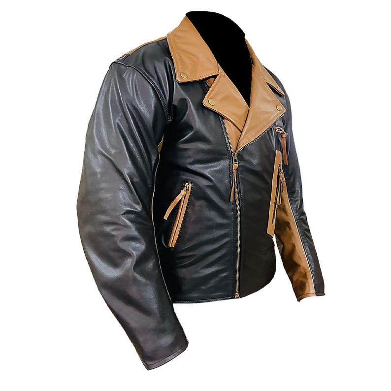 May include: A black and brown leather motorcycle jacket with a zipper closure. The jacket has a brown collar and a brown stripe down the right sleeve.