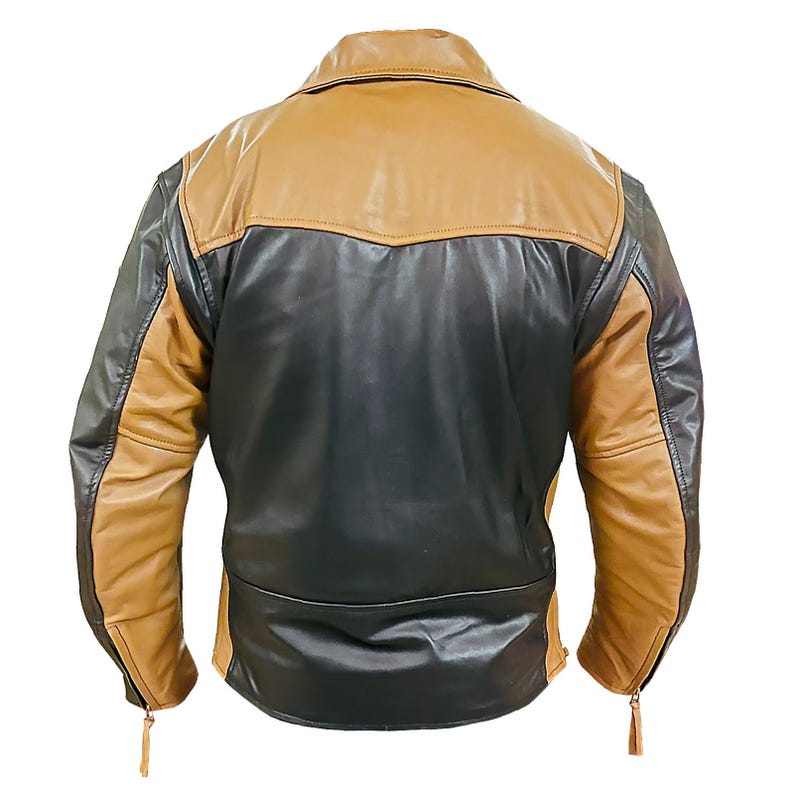 May include: A black and brown leather jacket with a zipper closure. The jacket has a stand-up collar and long sleeves.