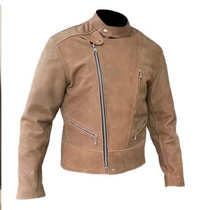 May include: A brown leather jacket with a zipper closure and multiple pockets. The jacket has a stand-up collar and a slightly asymmetrical zipper.