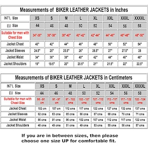 May include: A size chart for biker leather jackets in inches and centimeters. The chart shows the international size, EU size, chest size, jacket chest, jacket sleeves, jacket waist, and jacket shoulders. The chart includes sizes from XS to XXXXL.