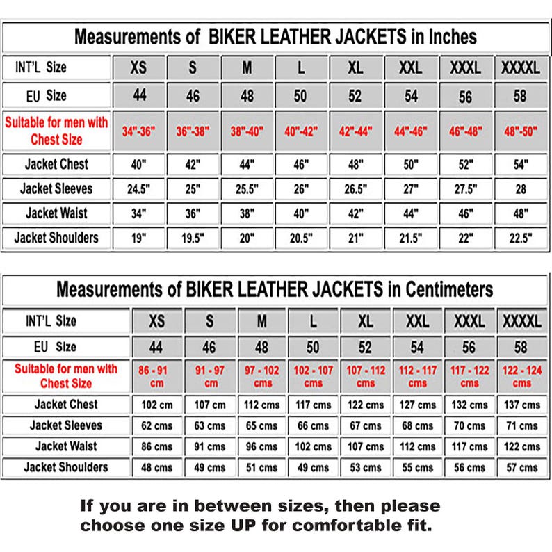 May include: A size chart for biker leather jackets in inches and centimeters. The chart shows the international size, EU size, chest size, jacket chest, jacket sleeves, jacket waist, and jacket shoulders. The chart includes sizes from XS to XXXXL.