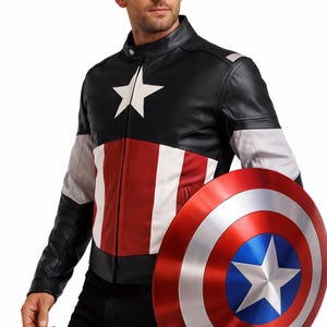 May include: Black, white, and red Captain America jacket with a white star on the chest and a matching shield. The jacket has a black body, white and gray sleeves, and a red and white striped front. The shield is red, silver, and blue.