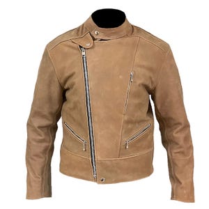 May include: A brown leather jacket with a zipper closure and multiple pockets. The jacket has a stand-up collar and a slightly asymmetrical design.
