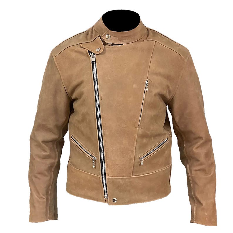 May include: A brown leather jacket with a zipper closure and multiple pockets. The jacket has a stand-up collar and a slightly asymmetrical design.