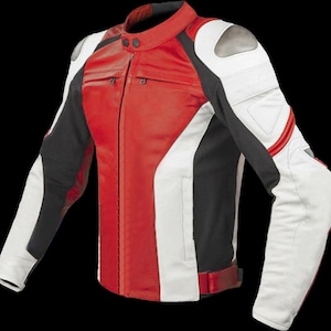May include: A red, white, and black motorcycle jacket with a stand-up collar and a front zipper. The jacket features white panels on the sleeves and shoulders, with black accents and a red stripe detail. The jacket has a fitted silhouette.