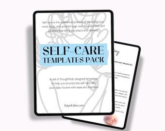 May include: A digital tablet displaying a self-care template pack with a light blue background and the text "SELF-CARE TEMPLATES PACK". The text "Self-care is the intentional practice of nurturing your mind, body, and spirit through rest, nourishment, and activities that bring you peace and renewal." is also visible on the screen.